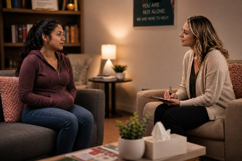 A woman in a blue shirt shows information on a digital tablet to another woman in a light pink shirt indoors.